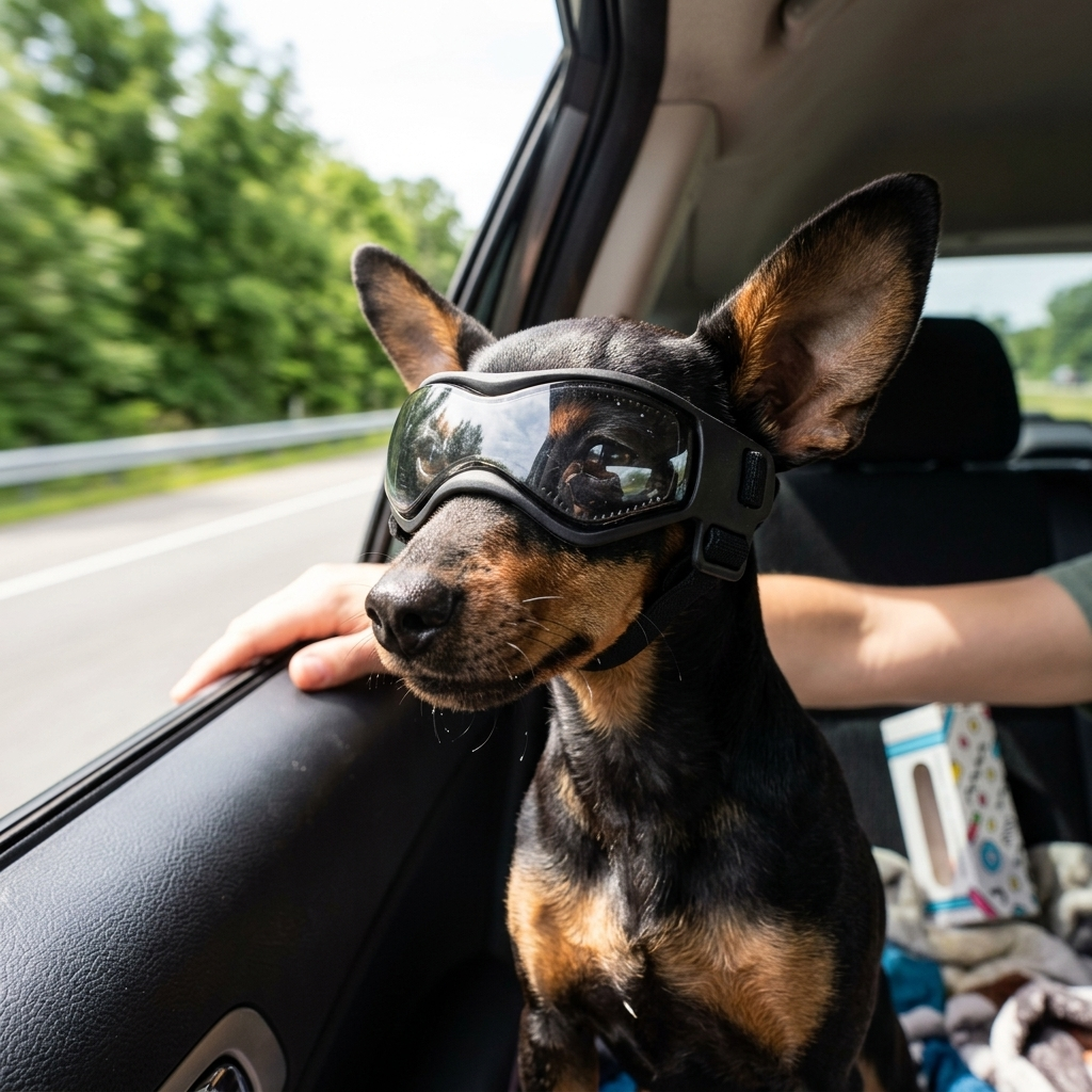 Dog goggles with UV protection featuring an adjustable strap, designed for canine eye safety during outdoor activities, ensuring durability and comfort for pets. 1