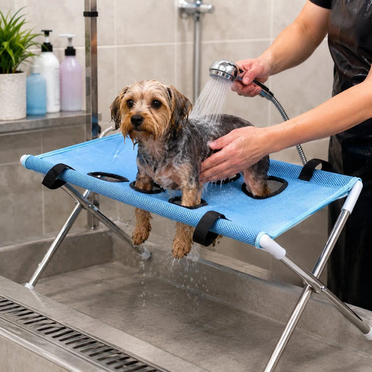 Dog grooming stand featuring adjustable openings and breathable mesh, designed as a foldable table for small dogs and cats, providing convenience and comfort during grooming sessions. 1