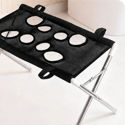 Dog grooming stand featuring adjustable openings and breathable mesh, designed as a foldable table for small dogs and cats, providing convenience and comfort during grooming sessions. 9