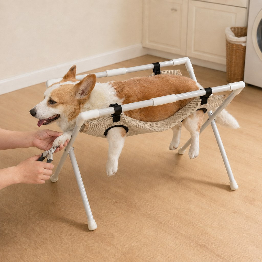Dog grooming stand featuring a freestanding design with adjustable leg openings, accompanied by a portable polyester mesh hammock, ideal for small pets. 0