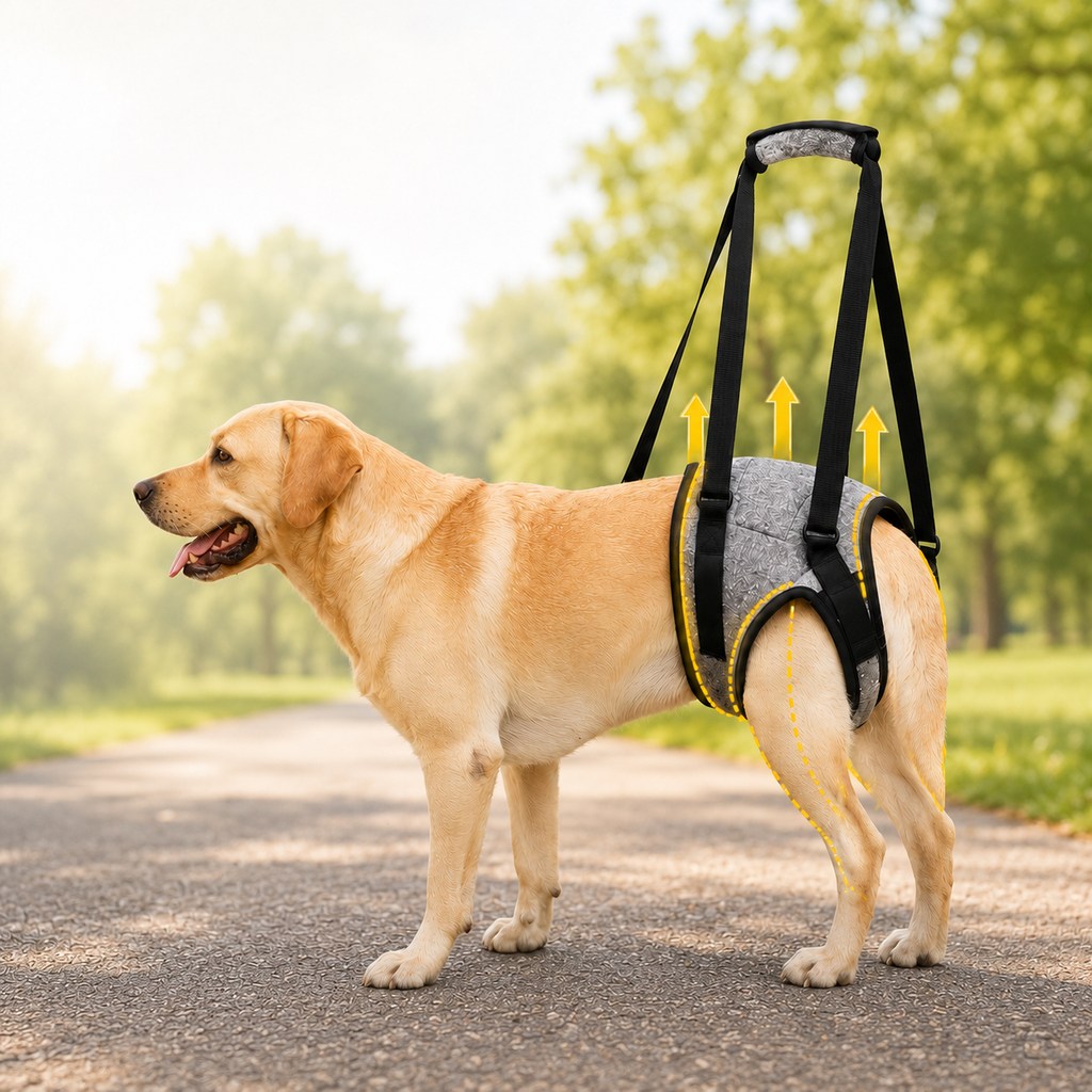 Adjustable dog harness for mobility assistance featuring a soft padded handle and rear support sling in heather gray, designed for comfort and stability for pets. 0