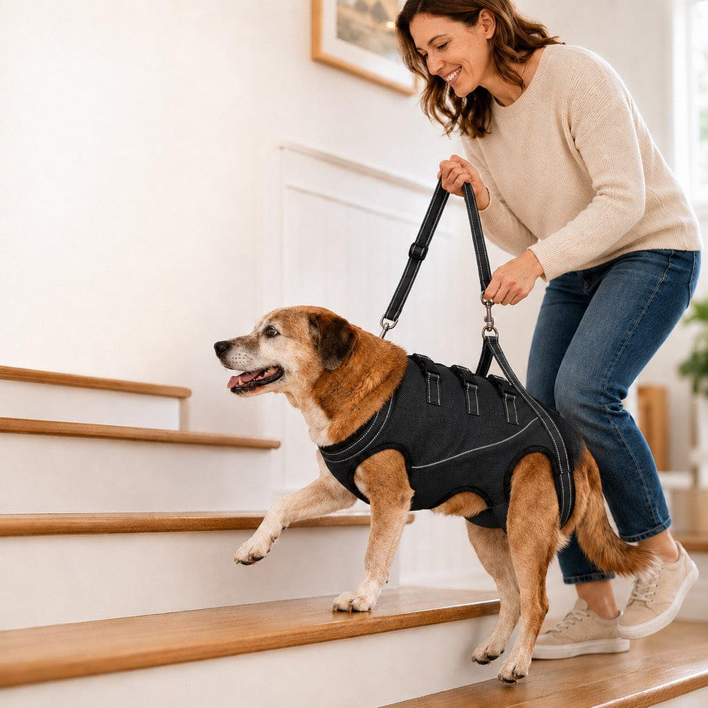 Dog harness with handle designed for mobility support, featuring a full-body lift assist for senior dogs, ideal for car rides and everyday use. 0