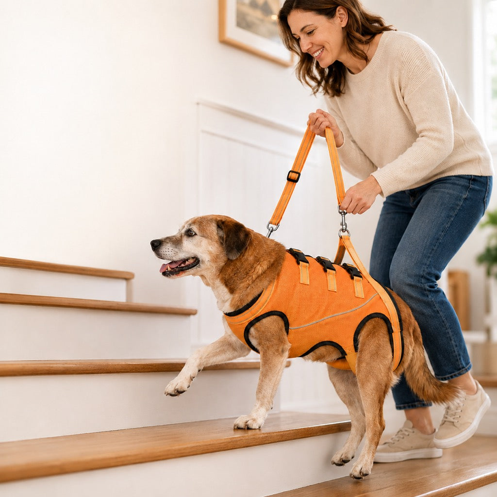 Dog harness with handle designed for mobility support, featuring a full-body lift assist for senior dogs, ideal for car rides and everyday use. 1