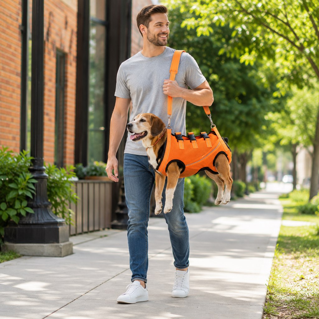 Dog harness with handle designed for mobility support, featuring a full-body lift assist for senior dogs, ideal for car rides and everyday use. 2