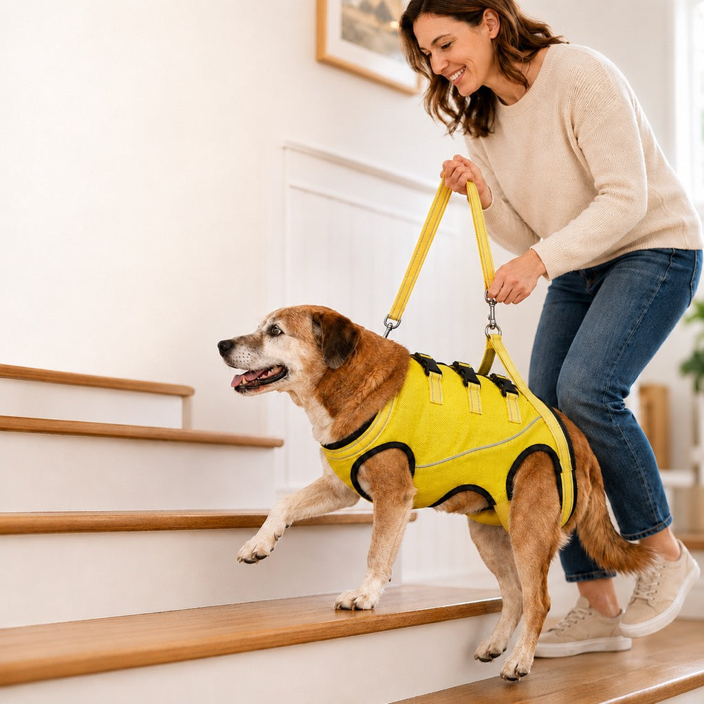 Dog harness with handle designed for mobility support, featuring a full-body lift assist for senior dogs, ideal for car rides and everyday use. 9