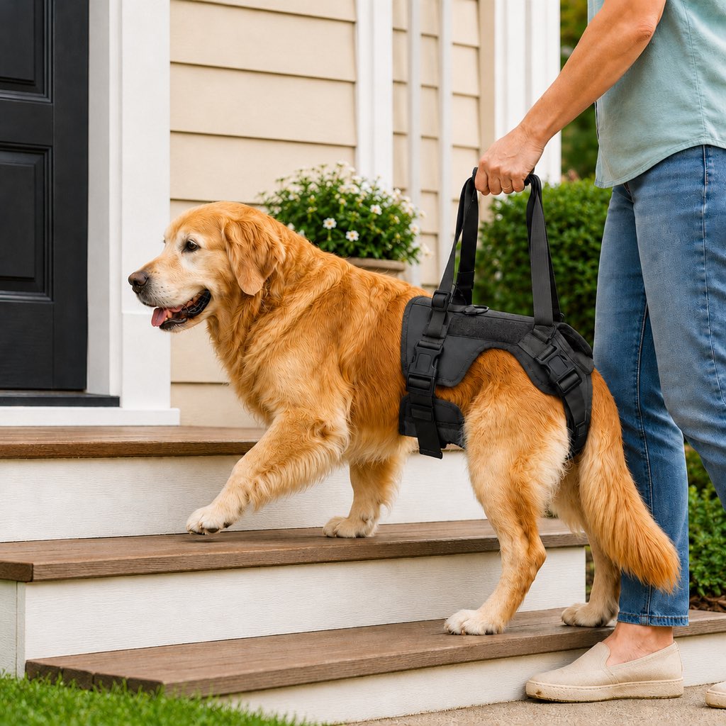 Adjustable nylon dog harness with handle designed for rear support, perfect for senior and injured dogs, providing comfort and stability during walks. 0