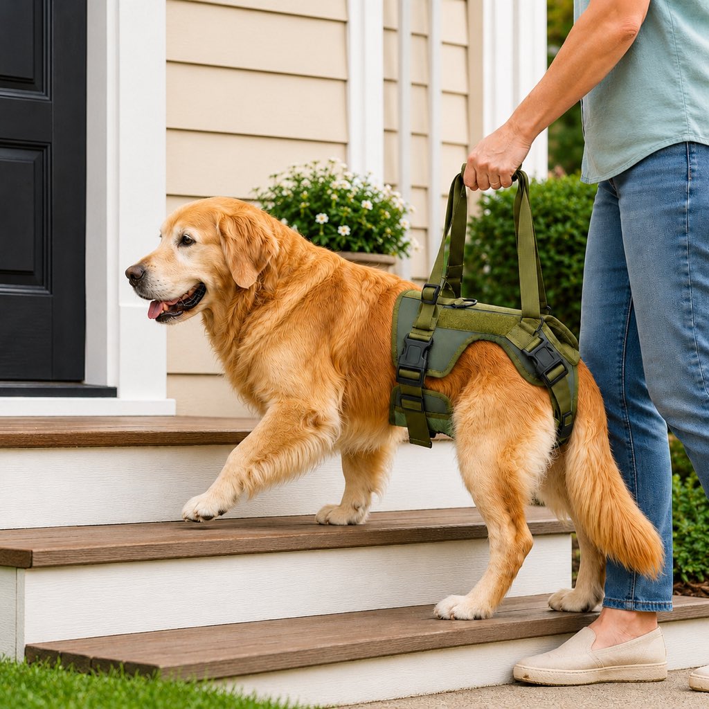 Adjustable nylon dog harness with handle designed for rear support, perfect for senior and injured dogs, providing comfort and stability during walks. 1