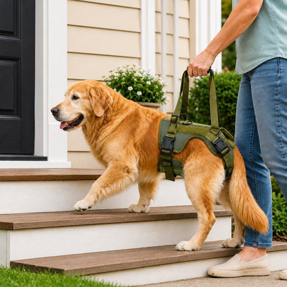 Adjustable nylon dog harness with handle designed for rear support, perfect for senior and injured dogs, providing comfort and stability during walks. 1