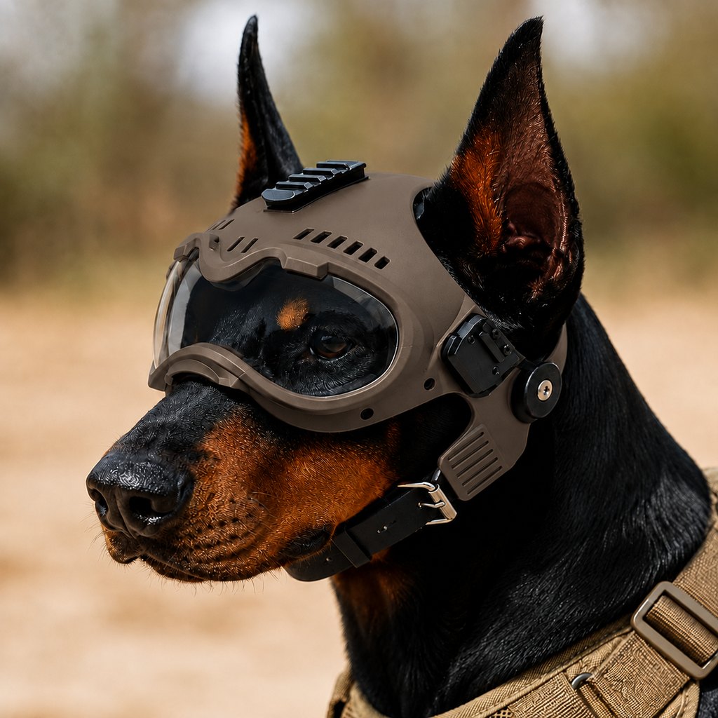Dog helmet with integrated goggles, designed for medium to large dogs, featuring an adjustable tactical design for enhanced safety during outdoor adventures. 0
