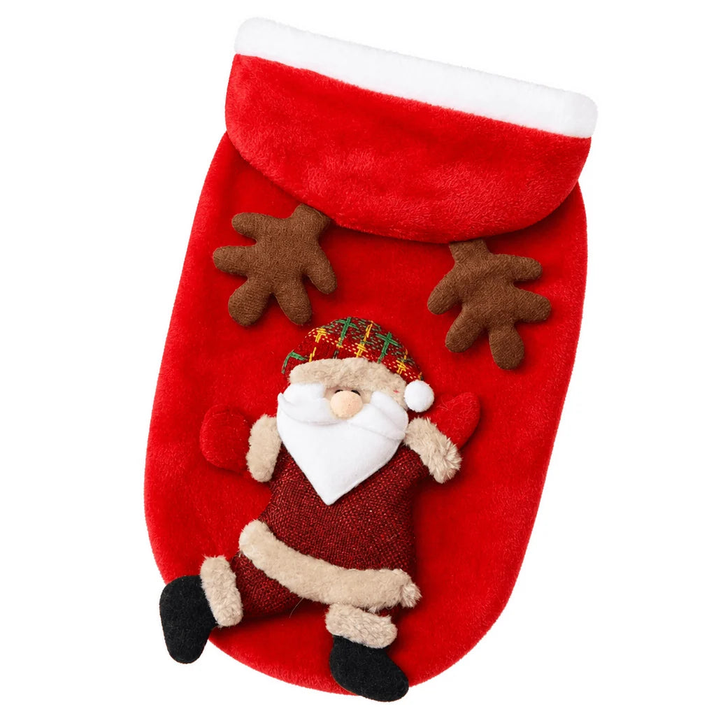 Dog hoodie for small and medium pets made of cozy flannel material, featuring a festive holiday design in vibrant red and green colors. 0