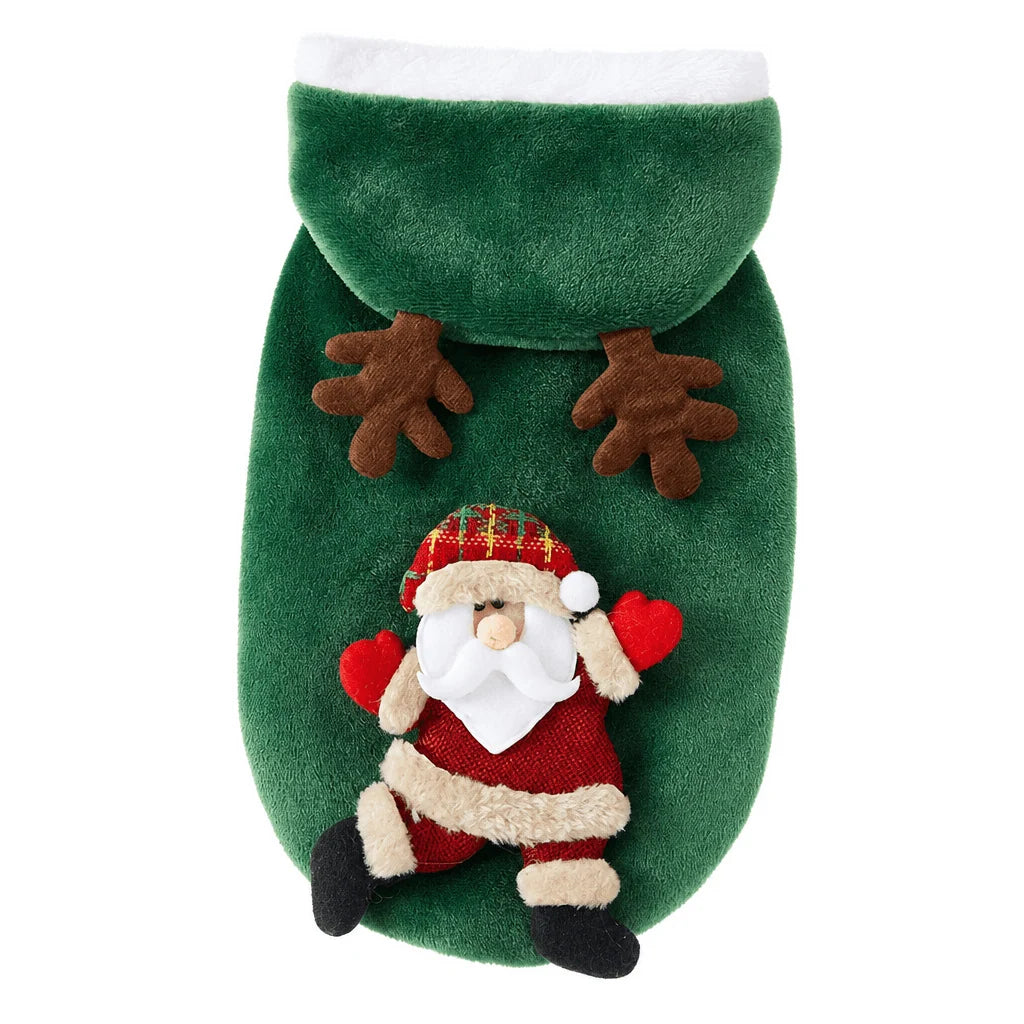 Dog hoodie for small and medium pets made of cozy flannel material, featuring a festive holiday design in vibrant red and green colors. 3