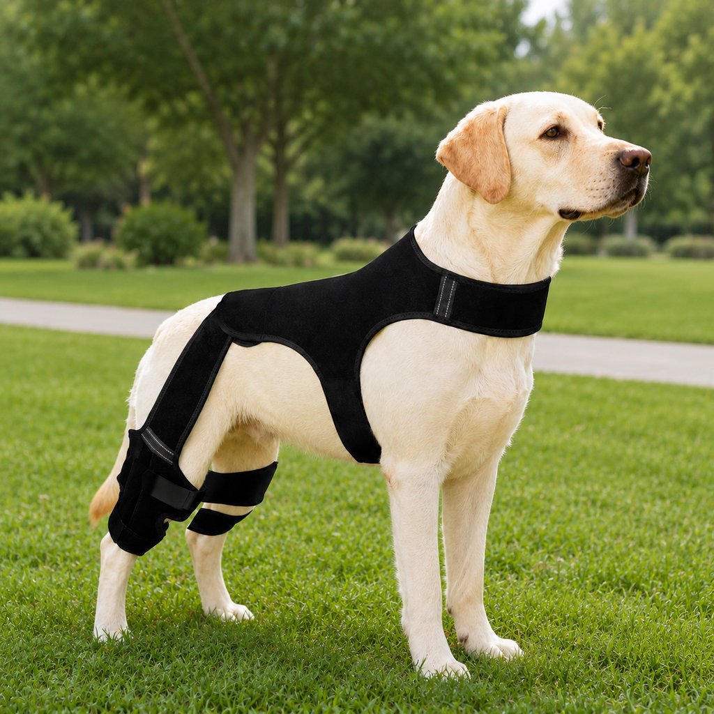 Dog knee brace for rear leg support, featuring an adjustable anti-slip wrap designed for senior dogs, equipped with reflective safety elements for enhanced visibility. 0