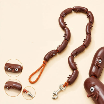 Dog leash featuring a 360° swivel clasp and flexible rubber links, designed in a fun sausage pattern, measuring 53 inches, perfect for daily walks 1