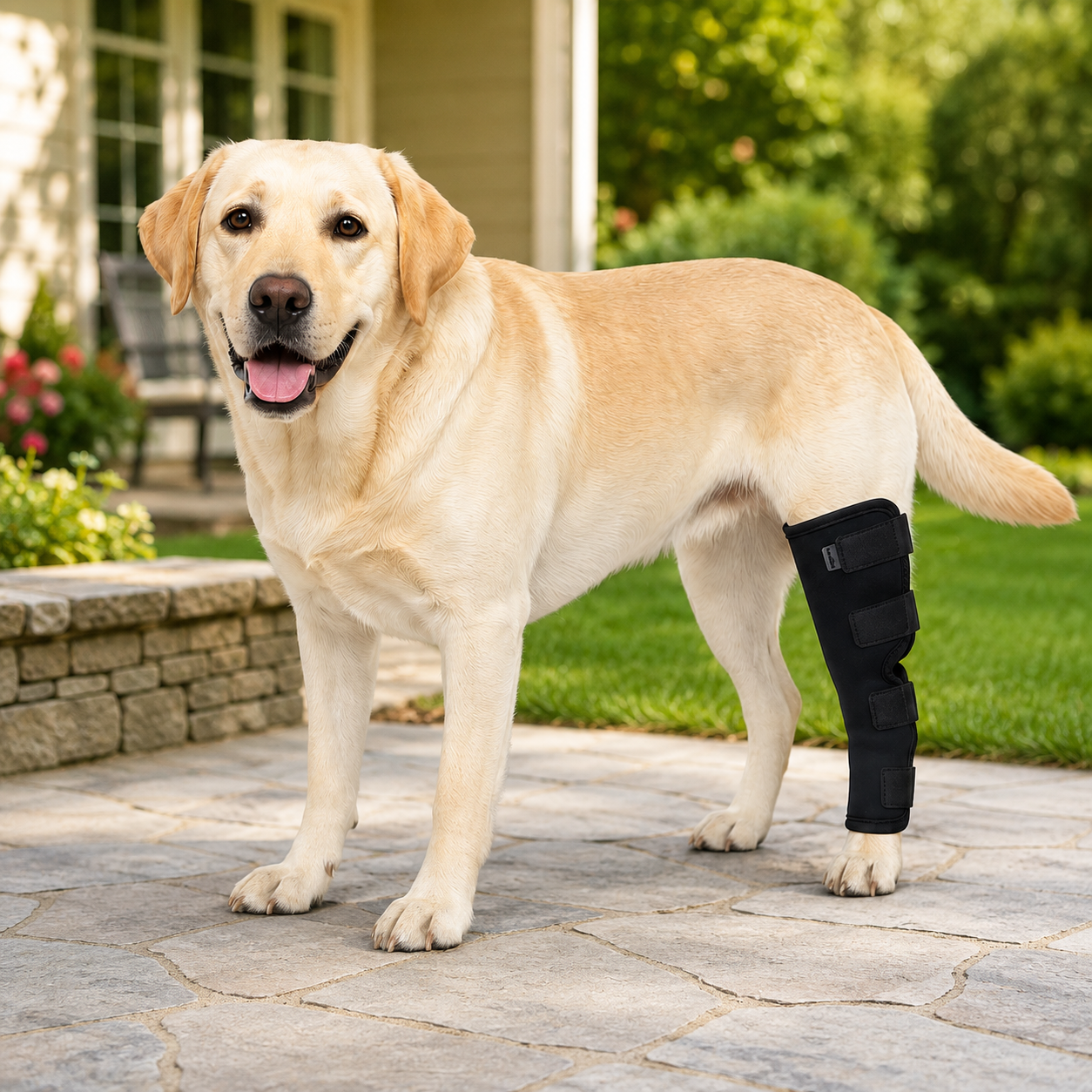 Dog leg brace for post-surgery recovery featuring adjustable support and soft neoprene design, ideal for injured or recovering dogs. 0