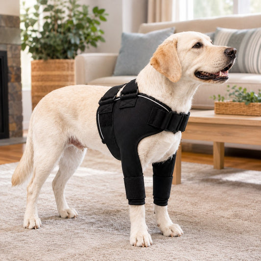 Dog leg brace for shoulder support, made from soft stretch neoprene, featuring an adjustable fit, ideal for senior dogs seeking comfort and stability. 0