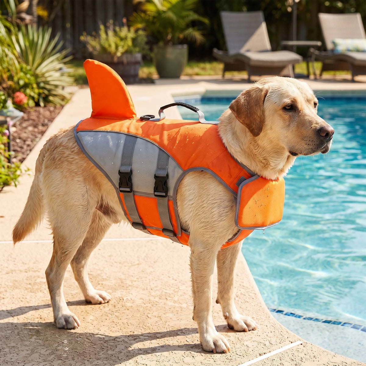 Dog life jacket featuring adjustable buoyancy and a fun shark fin design, perfect for swimming and water activities, ensuring safety and style for your furry friend. 1
