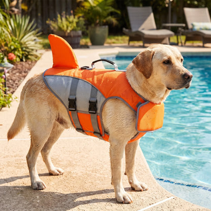 Dog life jacket featuring adjustable buoyancy and a fun shark fin design, perfect for swimming and water activities, ensuring safety and style for your furry friend. 1
