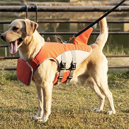Dog life jacket featuring adjustable buoyancy and a fun shark fin design, perfect for swimming and water activities, ensuring safety and style for your furry friend. 5