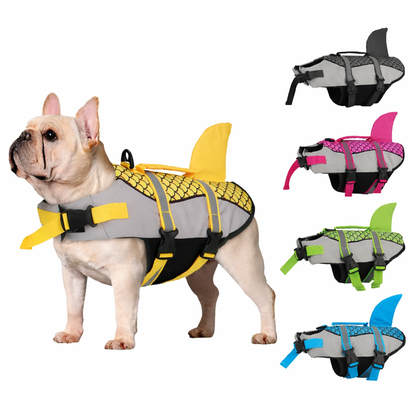 Dog life jacket featuring adjustable straps and a sturdy rescue handle, designed for small dogs, offering high buoyancy for safe swimming and water activities. 1