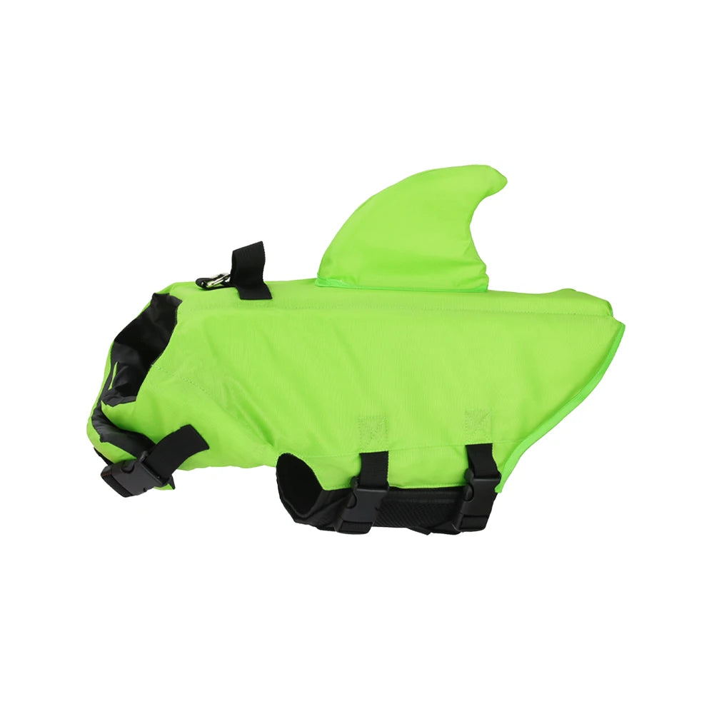 Dog life jacket featuring a shark design with reflective strips and a sturdy rescue handle, ideal for small to medium dogs, providing safety and style during water activities 0