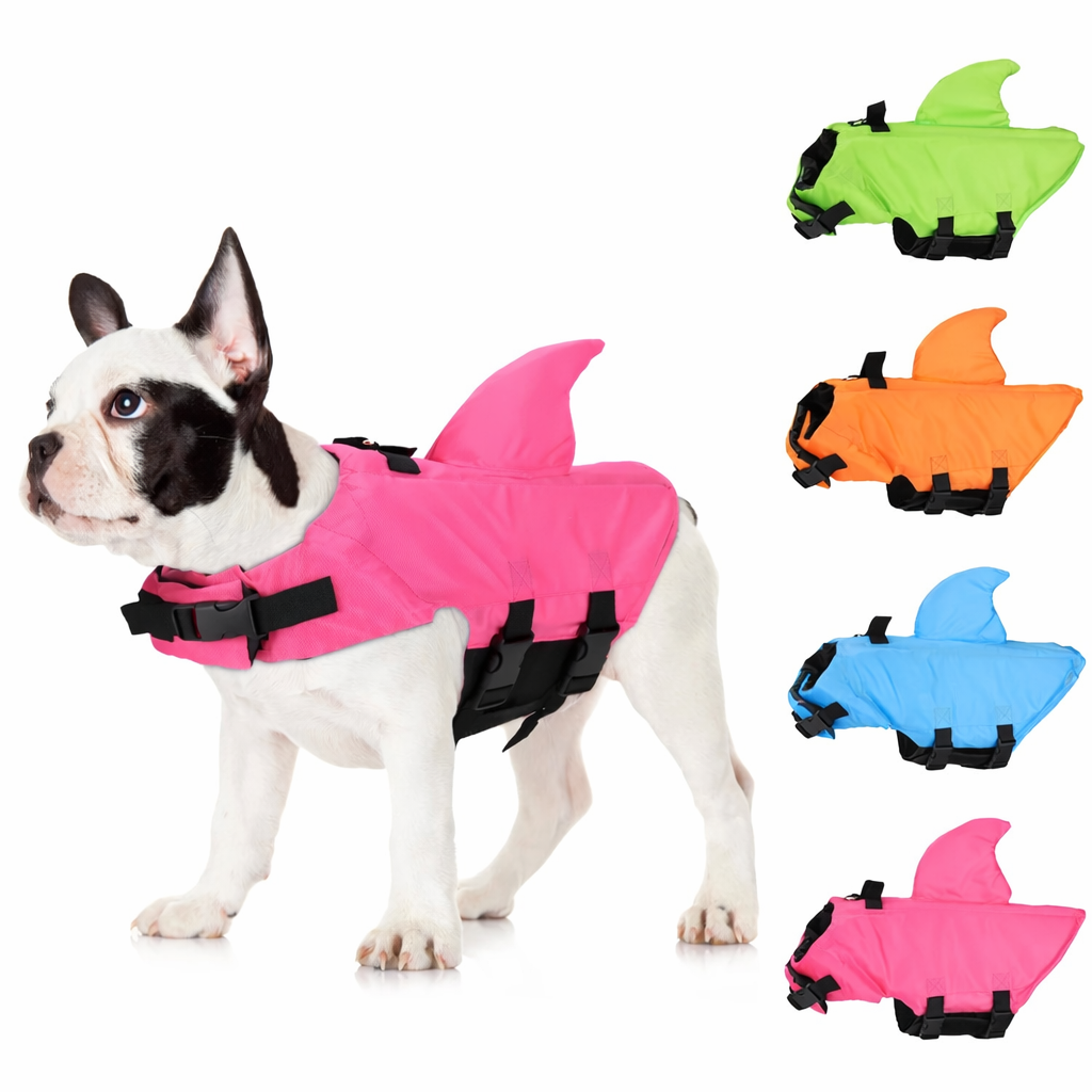 Dog life jacket featuring a shark design with reflective strips and a sturdy rescue handle, ideal for small to medium dogs, providing safety and style during water activities 1