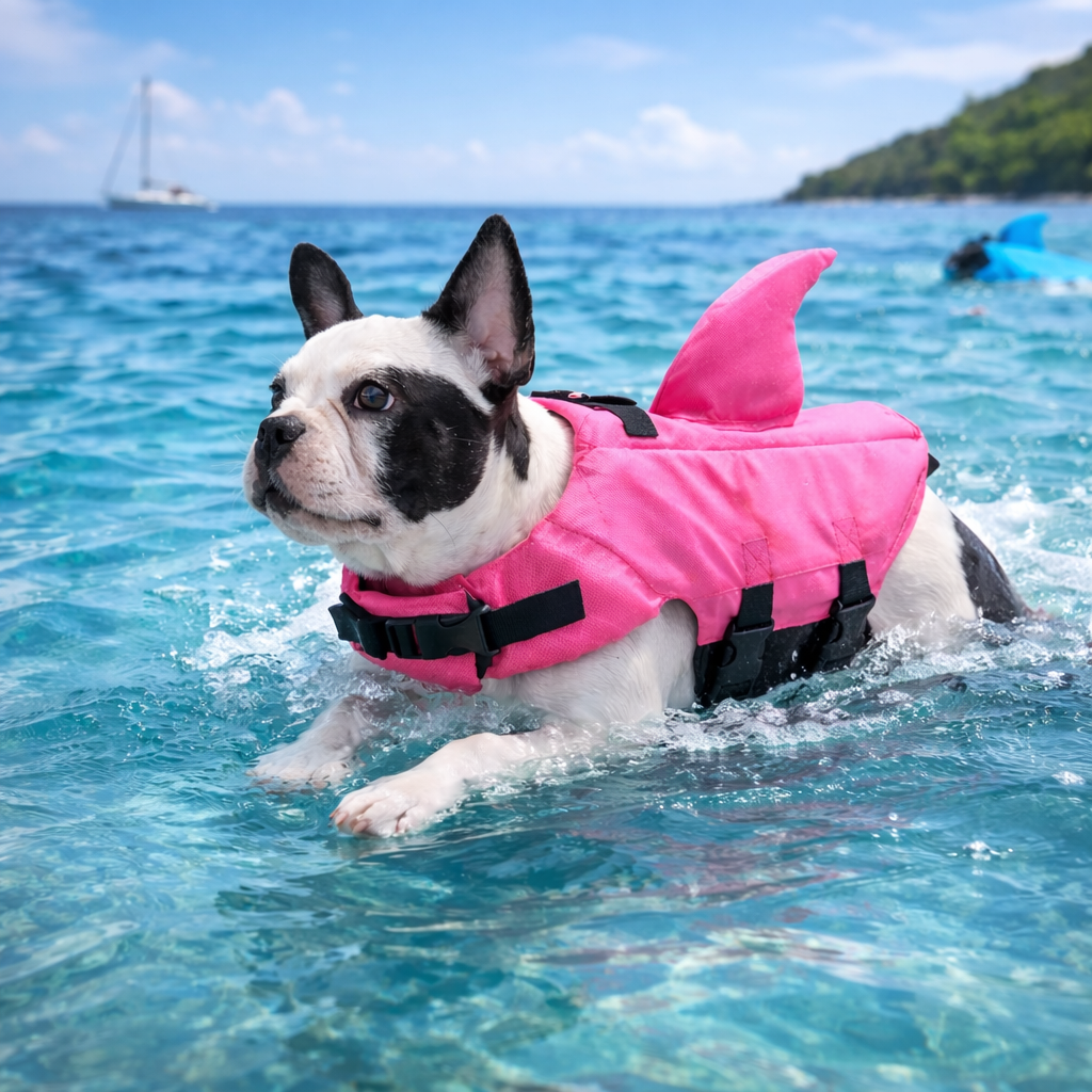 Dog life jacket featuring a shark design with reflective strips and a sturdy rescue handle, ideal for small to medium dogs, providing safety and style during water activities 2