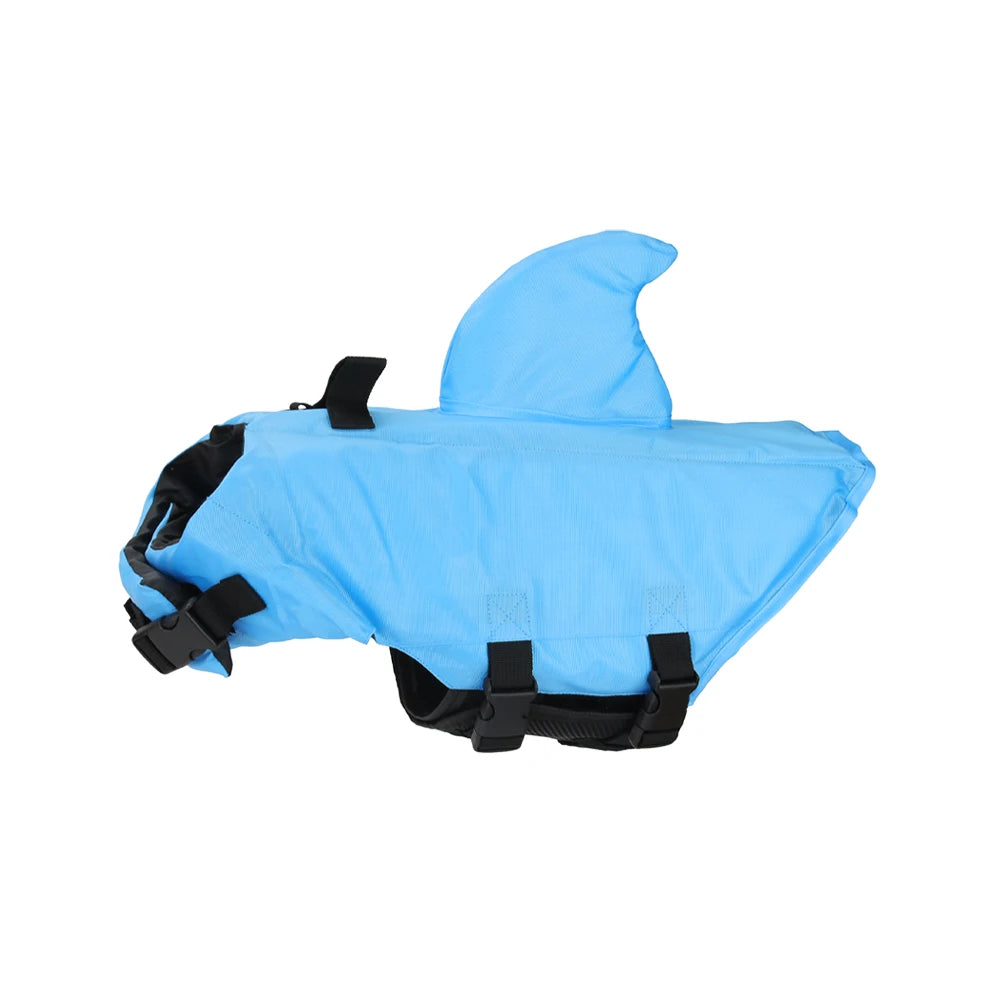 Dog life jacket featuring a shark design with reflective strips and a sturdy rescue handle, ideal for small to medium dogs, providing safety and style during water activities 8