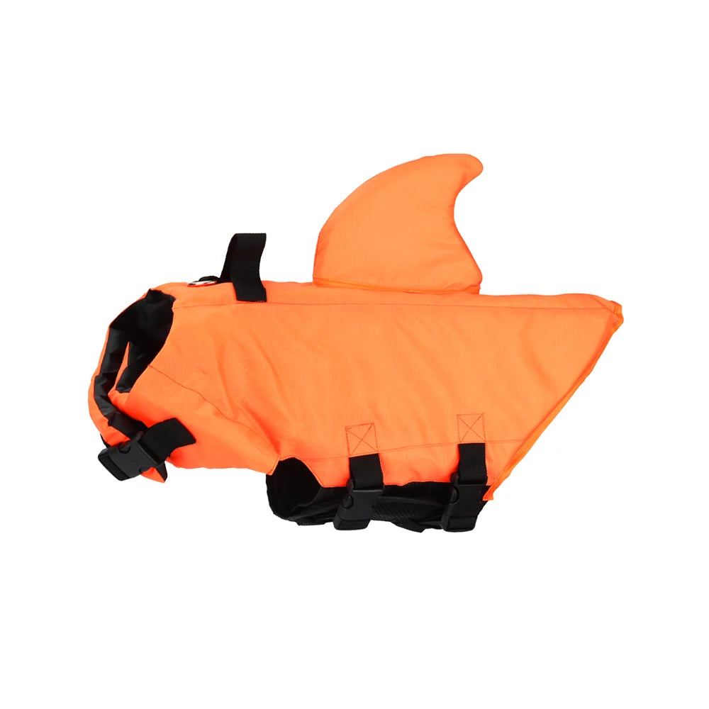Dog life jacket featuring a shark design with reflective strips and a sturdy rescue handle, ideal for small to medium dogs, providing safety and style during water activities 9