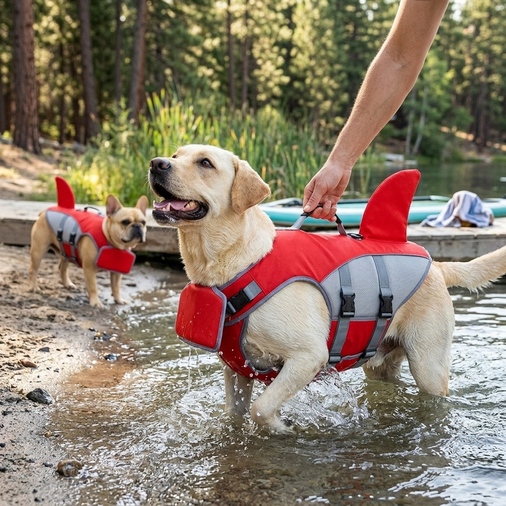 Dog life jacket with safety support for water activities, featuring a durable pet-safe float vest in vibrant colors, designed for maximum buoyancy and comfort for your 1