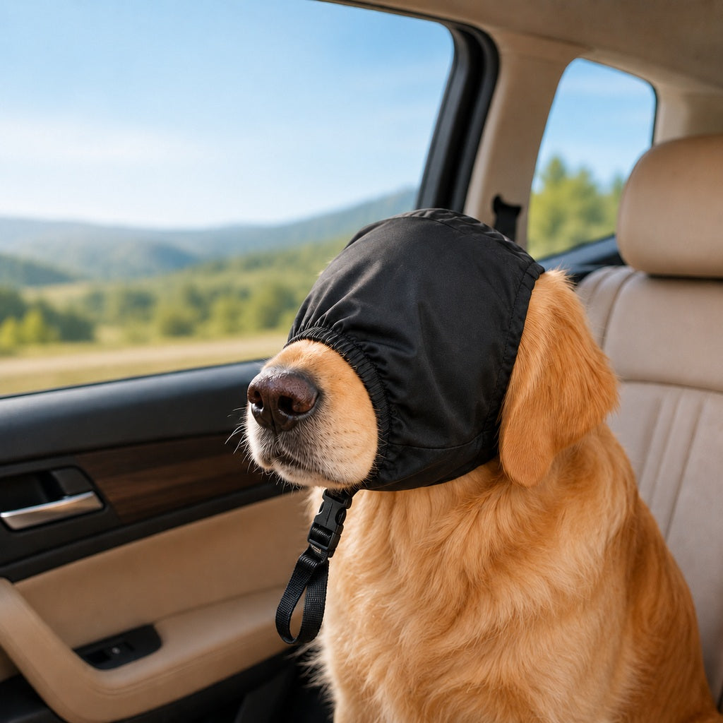 Adjustable dog mask made of soft polyester fabric, designed for calm travel and vet visits, featuring an open-nose design for comfort and breathability. 0