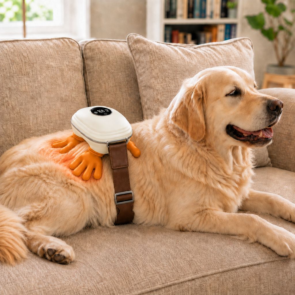Dog massager featuring adjustable heat and bionic kneading technology, designed for hands-free therapy to provide relaxation and comfort for your pet. 0