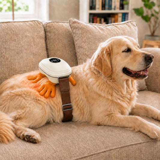 Dog massager featuring adjustable heat and bionic kneading technology, designed for hands-free therapy to provide relaxation and comfort for your pet. 0