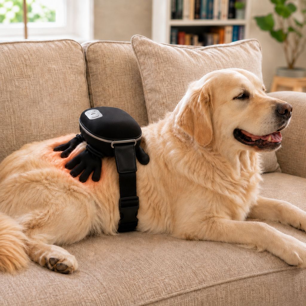 Dog massager featuring adjustable heat and bionic kneading technology, designed for hands-free therapy to provide relaxation and comfort for your pet. 1