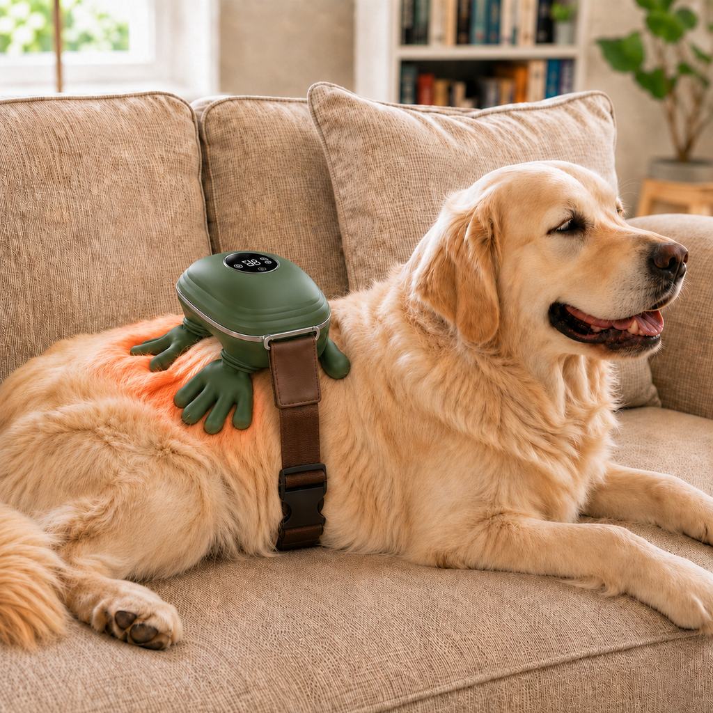 Dog massager featuring adjustable heat and bionic kneading technology, designed for hands-free therapy to provide relaxation and comfort for your pet. 11