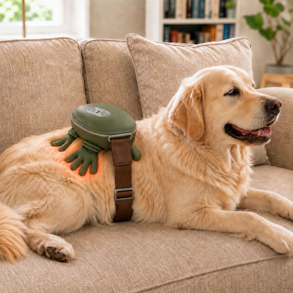Dog massager featuring adjustable heat and bionic kneading technology, designed for hands-free therapy to provide relaxation and comfort for your pet. 12