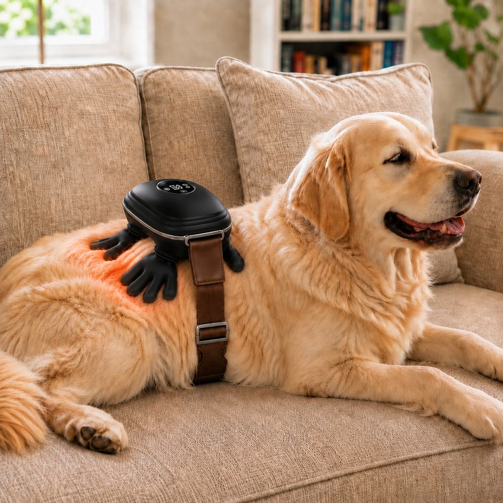 Dog massager featuring adjustable heat and bionic kneading technology, designed for hands-free therapy to provide relaxation and comfort for your pet. 9