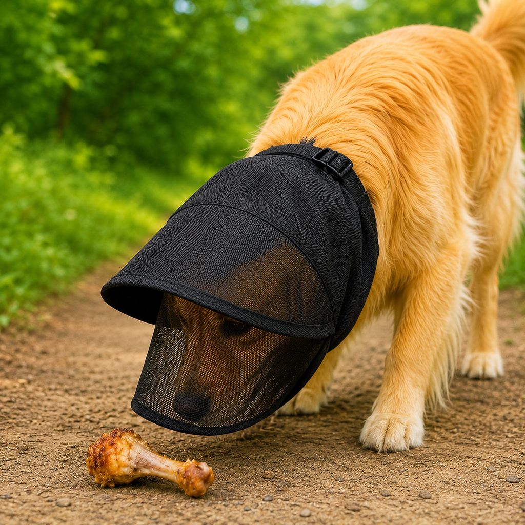 Dog muzzle designed to prevent scavenging, featuring a breathable mesh basket design and adjustable fit, perfect for outdoor walks; available in multiple sizes for all breeds 1