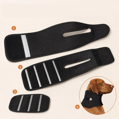 Dog neck brace designed for adjustable fit, featuring breathable fabric for comfort, providing structured support for calming supervised rest in canines. 7