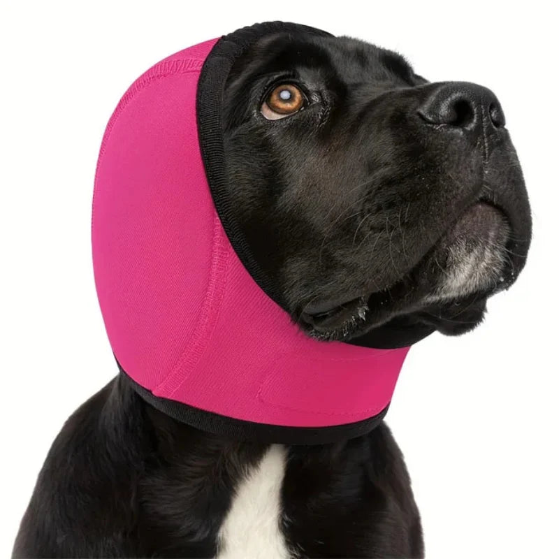 Dog noise-reducing hood made of soft polyester with waterproof protection, designed for anxiety relief, featuring ear covers for comfort and noise reduction. 3