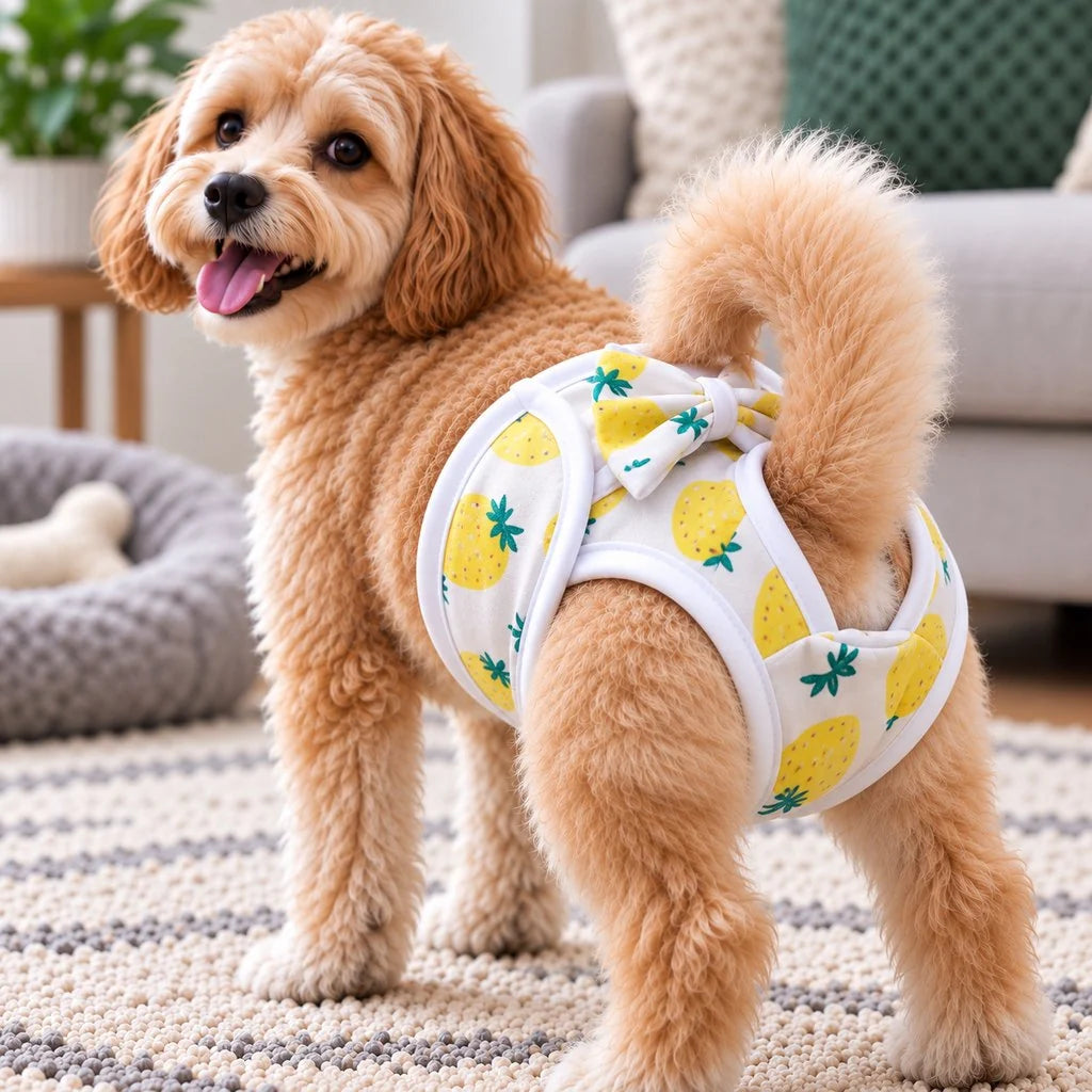 Dog pants for female dogs featuring an adjustable fit, made from lightweight fabric, designed for heat cycle protection and comfort. 0
