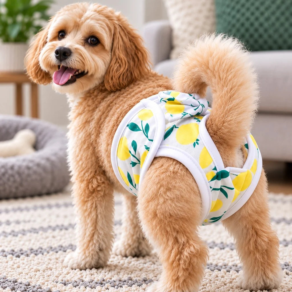 Dog pants for female dogs featuring an adjustable fit, made from lightweight fabric, designed for heat cycle protection and comfort. 1