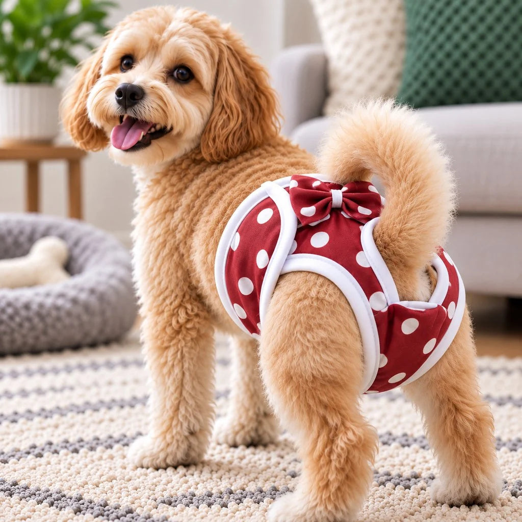 Dog pants for female dogs featuring an adjustable fit, made from lightweight fabric, designed for heat cycle protection and comfort. 2