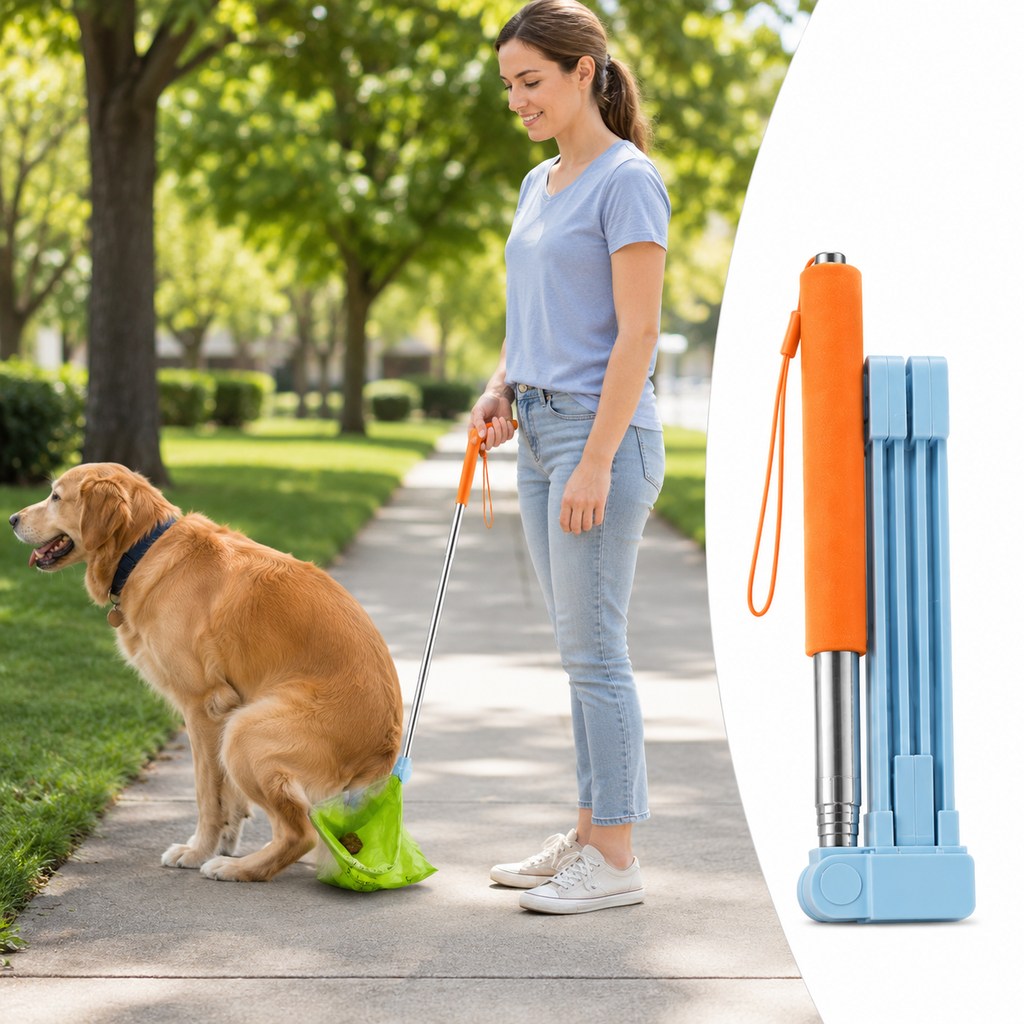 Dog poop picker upper with a telescopic handle, designed for easy no-bend waste collection; foldable for convenient storage and portability. 0