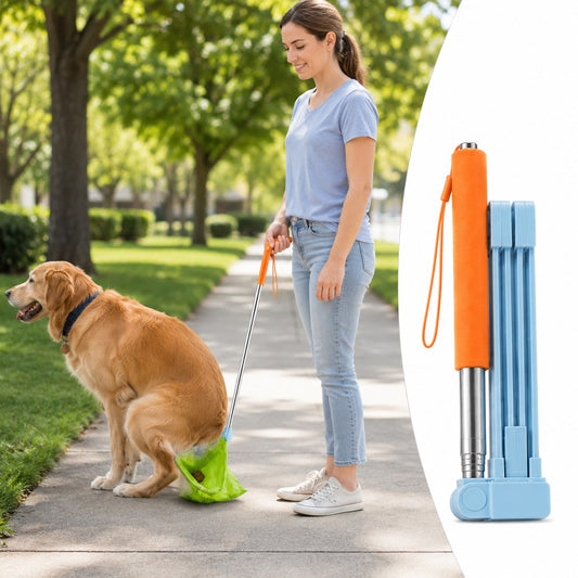 Dog poop picker upper with a telescopic handle, designed for easy no-bend waste collection; foldable for convenient storage and portability. 0