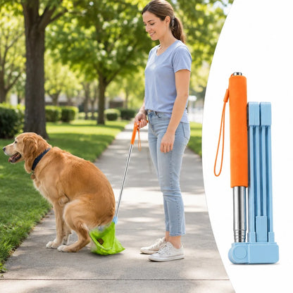 Dog poop picker upper with telescopic handle, designed for no-bend waste collection and easy cleanup, ideal for pet owners. 0