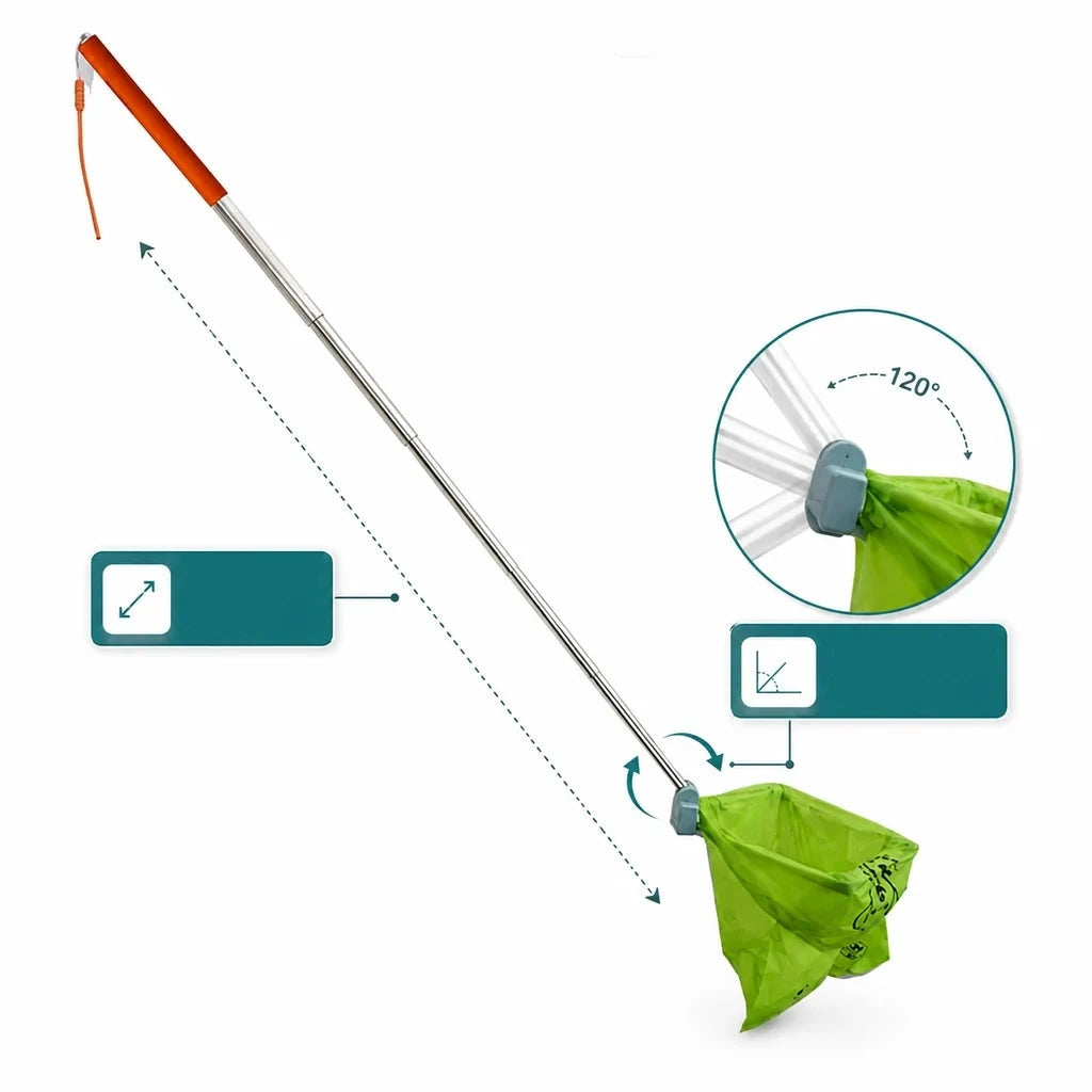Dog poop picker upper with telescopic handle, designed for no-bend waste collection and easy cleanup, ideal for pet owners. 5