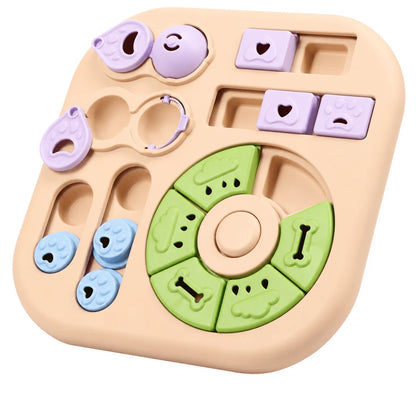 Dog puzzle toy designed for interactive mental stimulation, featuring treat dispensing and slow feeding capabilities, perfect for engaging and entertaining pets. 0