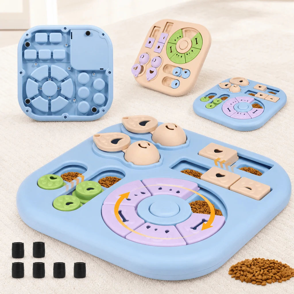 Dog puzzle toy designed for interactive mental stimulation, featuring treat dispensing and slow feeding capabilities, perfect for engaging and entertaining pets. 1