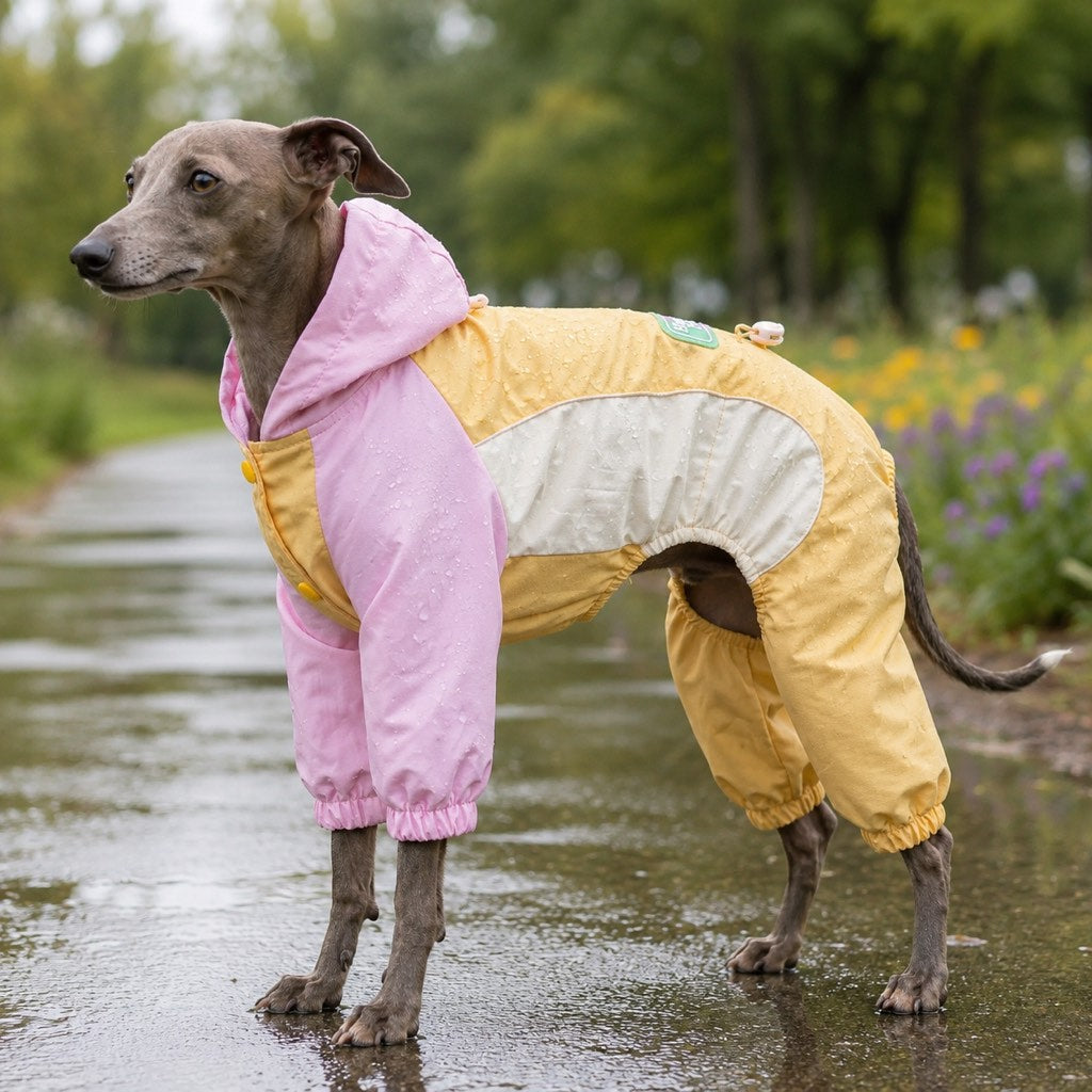 Dog rain suit designed for small dogs featuring full-body coverage, waterproof material, and convenient leash access, ideal for rainy walks. 0