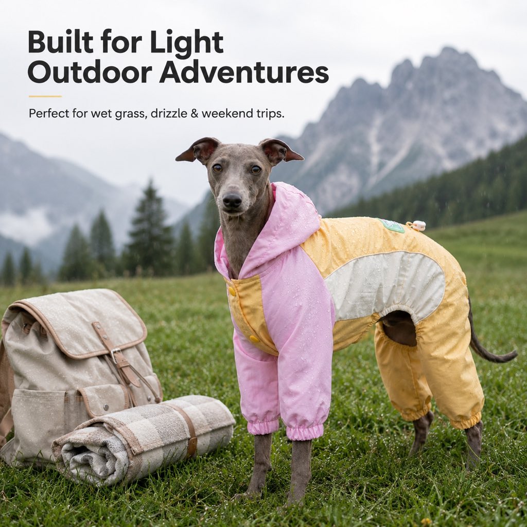 Dog rain suit designed for small dogs featuring full-body coverage, waterproof material, and convenient leash access, ideal for rainy walks. 1